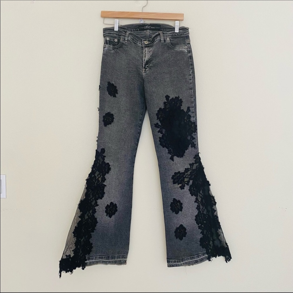 Y2K Celo Black/ Gray Bell Bottoms Lace Jeans 10